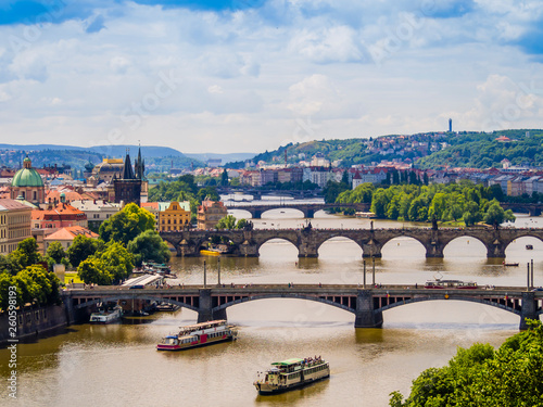 Panoramic view of Prague and its bridges through Vltava river, Czech Republic