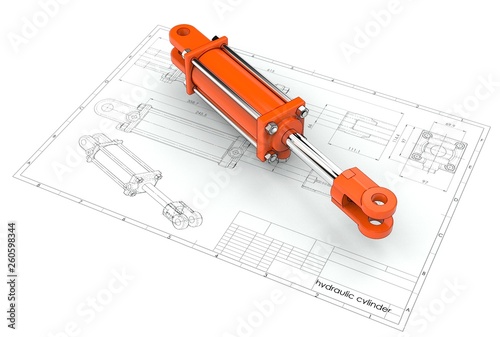 3d illustration of hydraulic cylinder above technical engineering drawing