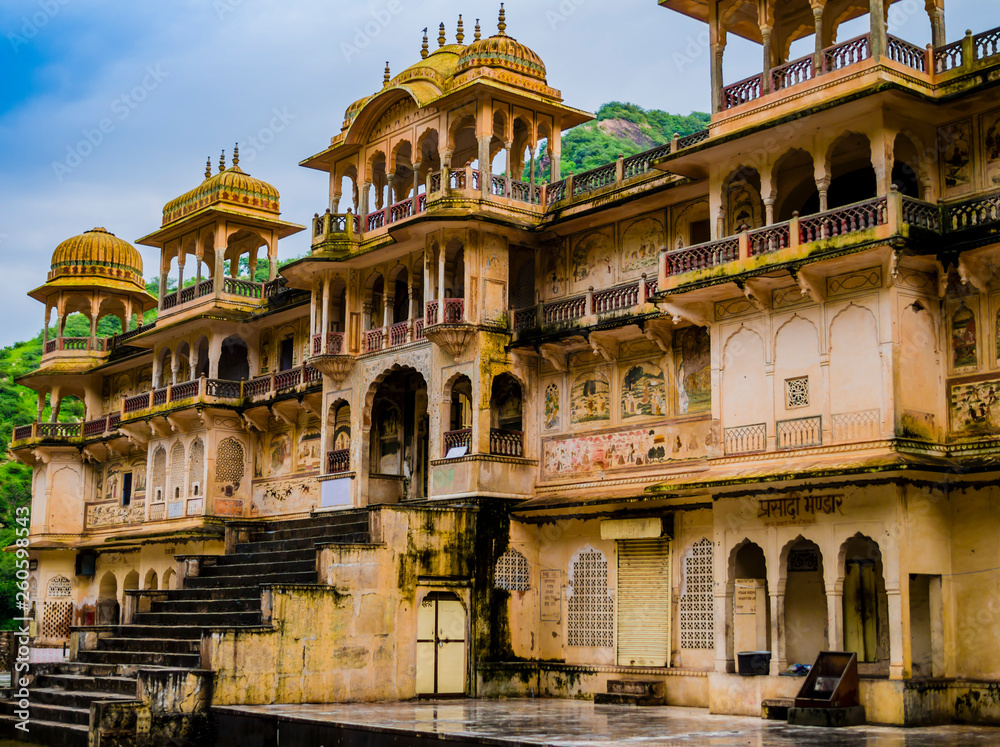 Main palace of Galta Ji Mandir, the Monkey Temple near Jaipur, India