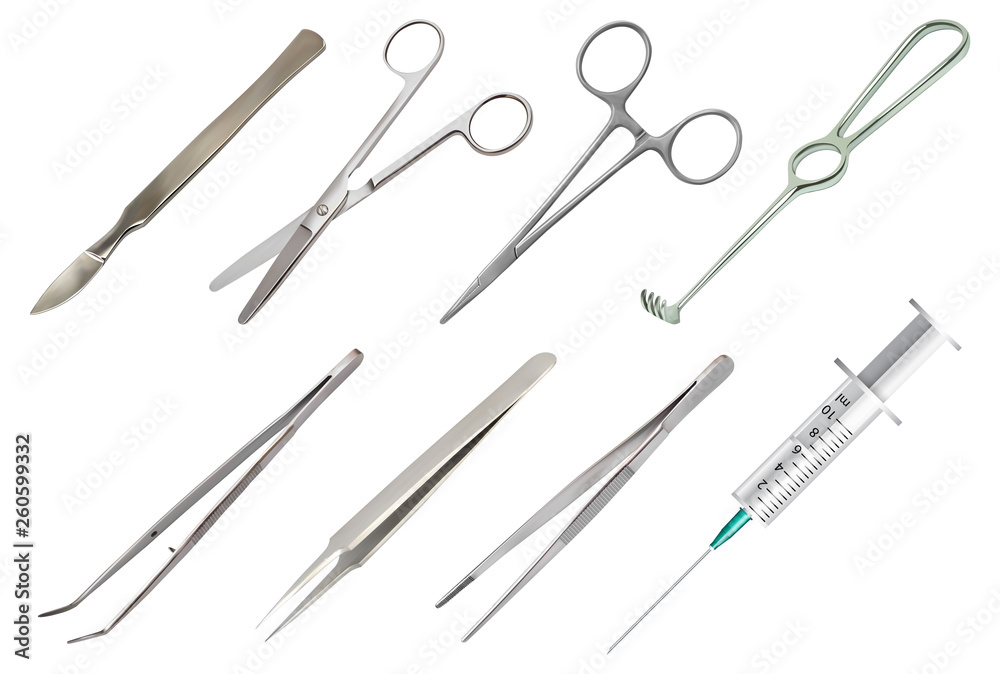 Set of surgical instruments. Different types of tweezers, all-metal  reusable scalpel, clip with fastener, straight scissors with rounded ends,  jagged hook Folkmann, disposable syringe. Vector image vector de Stock |  Adobe Stock