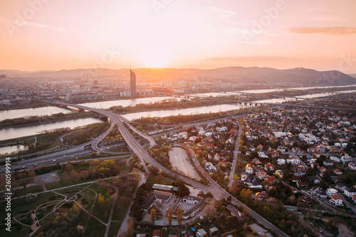 panoramic view of european city on sunset. Vienna, Austria