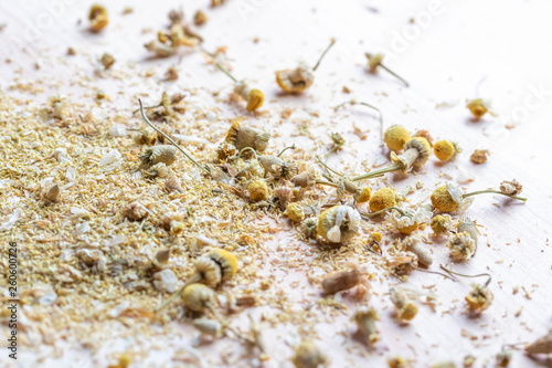 Medicinal dried chamomile scattered