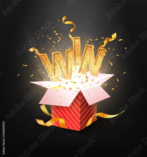 WIN gold text. Open textured red box with confetti explosion inside and golden win word. Flying particles from giftbox vector illustration on dark background