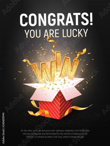 WIN gold text vector illustration. Open textured red box with confetti explosion inside and golden winning word on dark black background