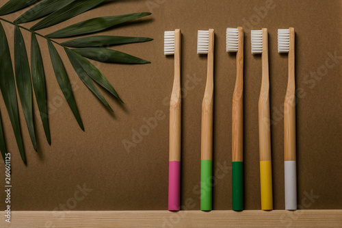 full colours bamboo toothbrushes on broun background with tropical leaf. Place for text. Ecoproduct. eco-friendly