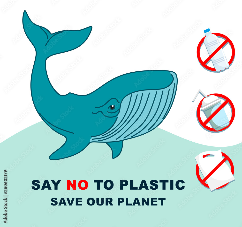 Vector concept with the problem of plastic trash. Blue whale with forbidden plastic symbols on the background