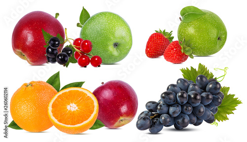 apples grapes orange currant  and strawberries isolated on white background