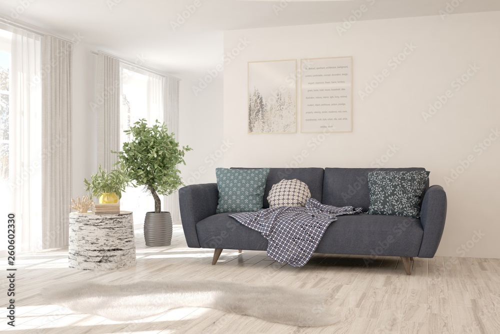 Fototapeta premium White stylish minimalist room with sofa. Scandinavian interior design. 3D illustration