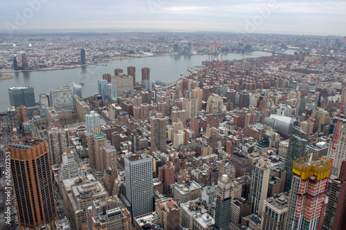 Aerial view of Manhattan in New York City showing the classic high rise buildings and city scape in the USA