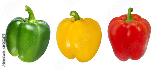 Red, green and yellow peppers isolated. With clipping path.