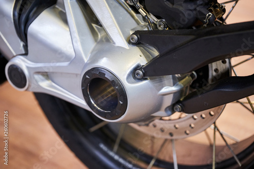 The rear wheel of a modern motorcycle
