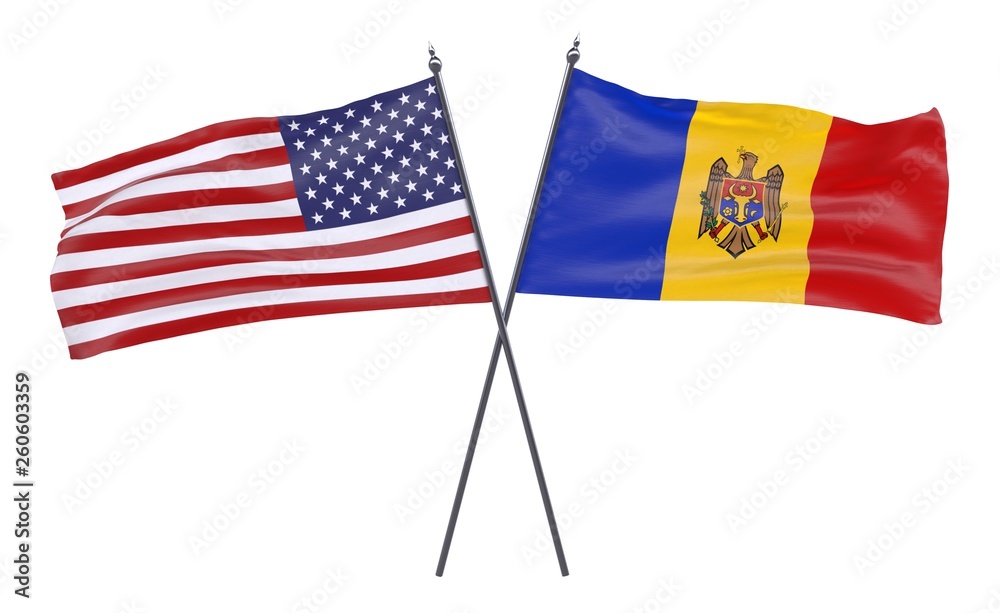 USA and Moldova, two crossed flags isolated on white background. 3d image USA and Moldova, two crossed flags isolated on white background. 3d image