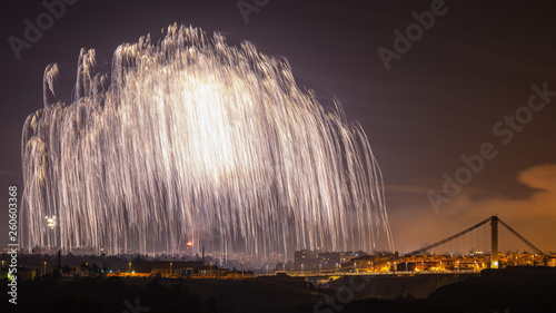 Eine riesige Palme aus Licht erzeugt durch ein Feuerwerk über der Stadt Elche in Spanien photo