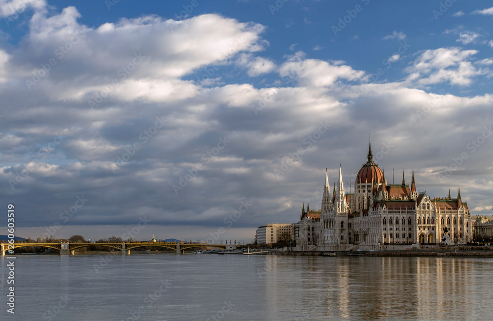View on the The Hungarian Parliament Building, beside the Danube River.  Budapest. Hungary. European travel.  Hungarian landmarks.
