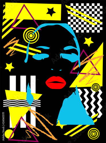Neon yellow and blue color girl with red lips, pop art abstract background 