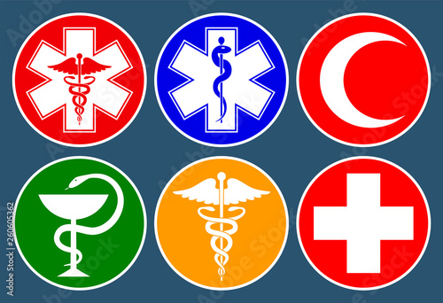 Set of medical international symbols decorated in a circle. Star of life, staff of Asclepius, caduceus, bowl with a snake, medical cross and crescent. Isolated symbols on dark background. Vector