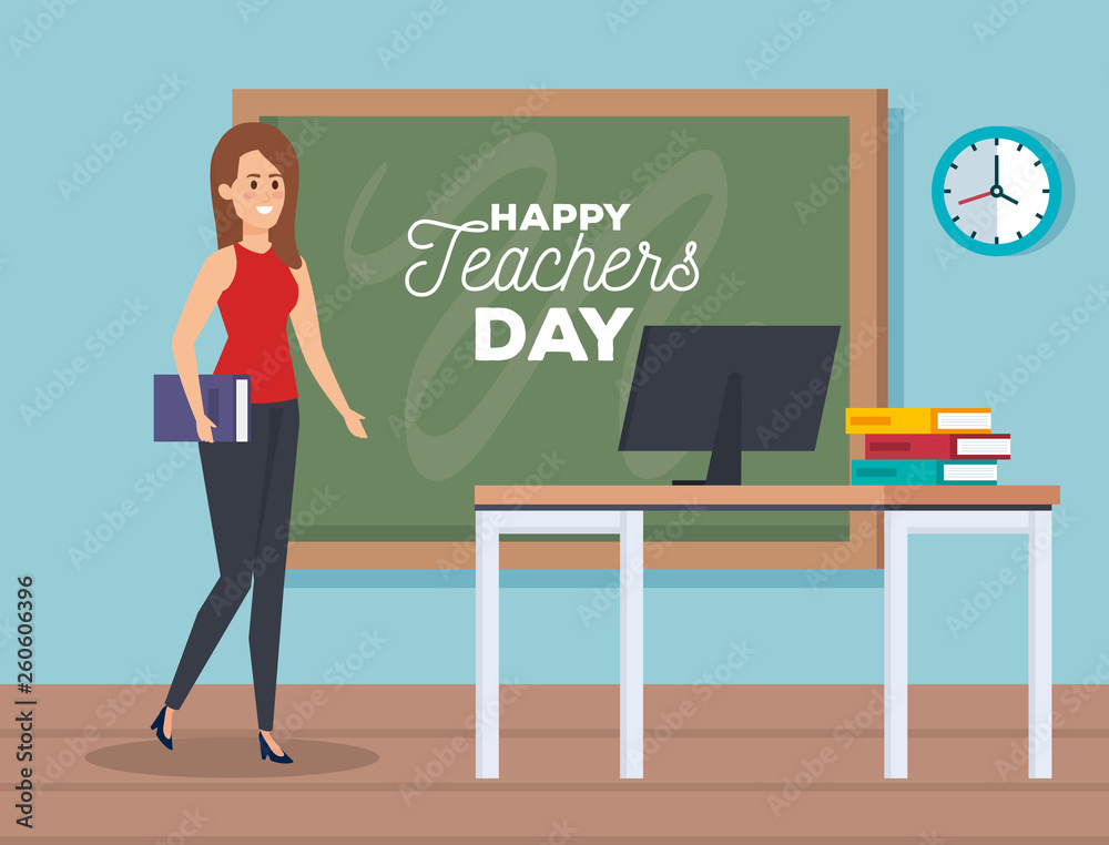 woman teacher with blackboard and computer with books woman teacher with blackboard and computer with books