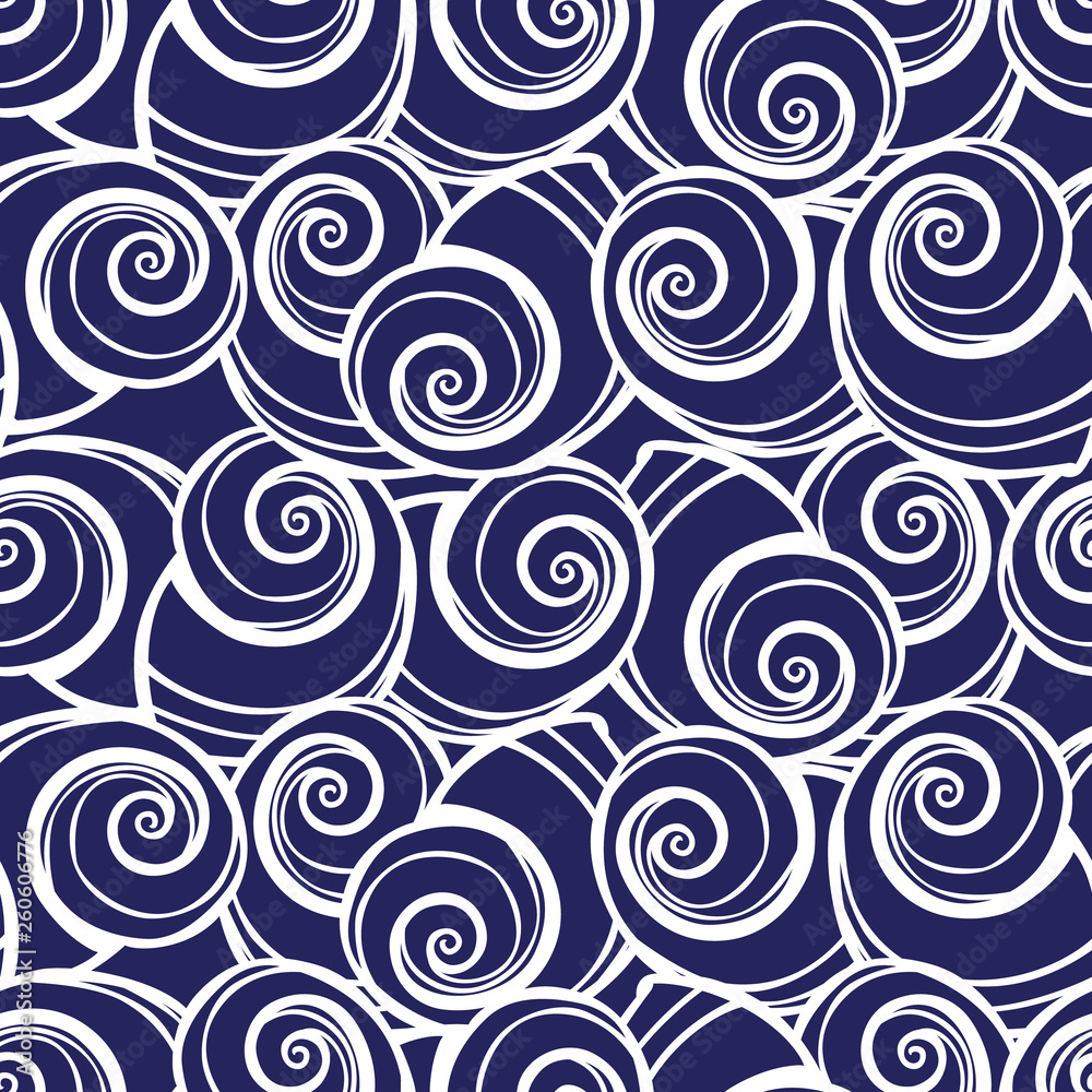 Vector blue spiral seashells repeat pattern. Suitable for gift wrap, textile and wallpaper.