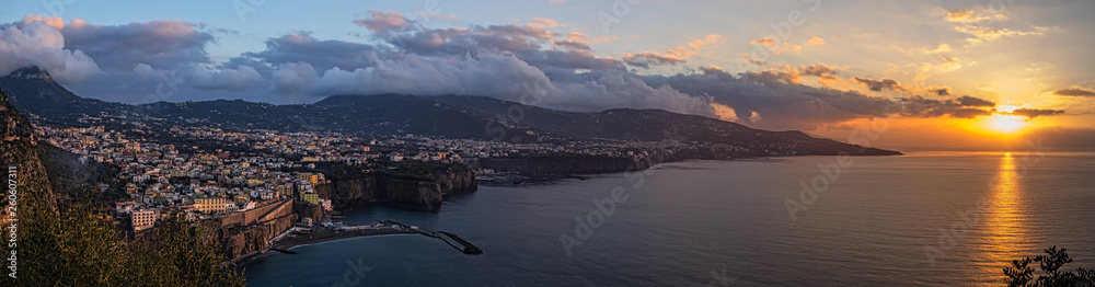 Panoramic view at sunset of Sorrento bay, Italy