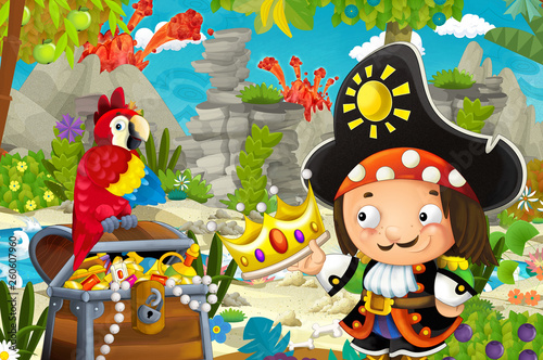 Fototapeta Naklejka Na Ścianę i Meble -  cartoon scene with pirate and treasure and parrot in the jungle - illustration for children