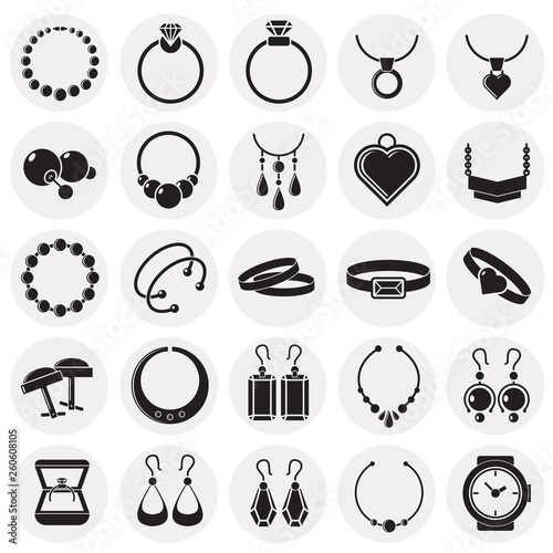 Jewelry icons set on cirlces background for graphic and web design. Simple vector sign. Internet concept symbol for website button or mobile app.