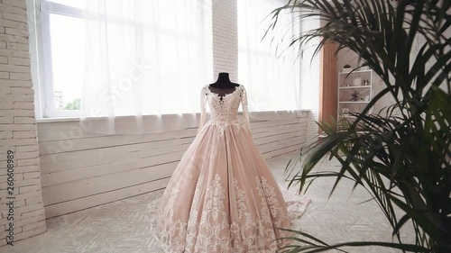 wedding dress in a studio decoration on the background of a decorative palm tree