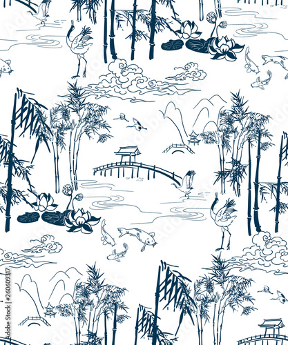 bamboo vector japanese pattern brige mountains seamless pattern