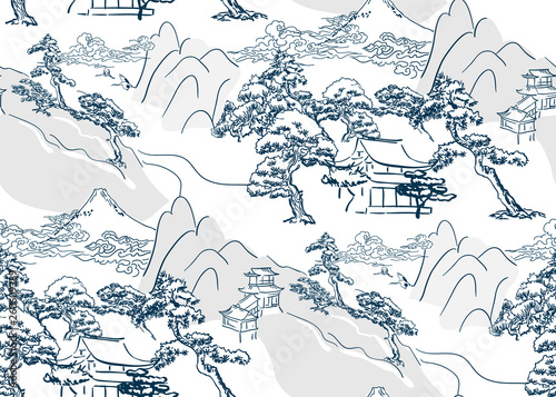 chinese lanscape japanese vector pattern oriental mountais seamless Fototapet