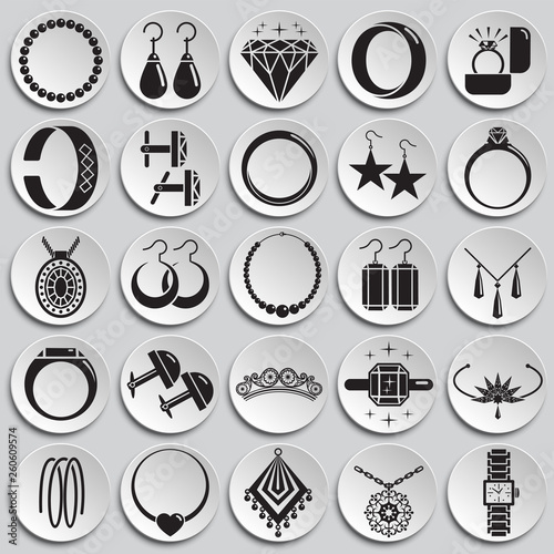 Jewelry icons set on plates background for graphic and web design. Simple vector sign. Internet concept symbol for website button or mobile app.