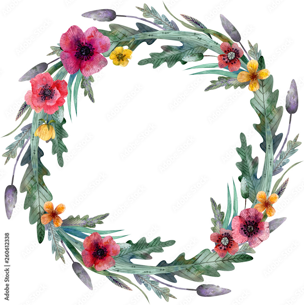 Naklejka premium Poppy wreath. Red flowers and green leaves. Watercolor illustration isolated on white background.