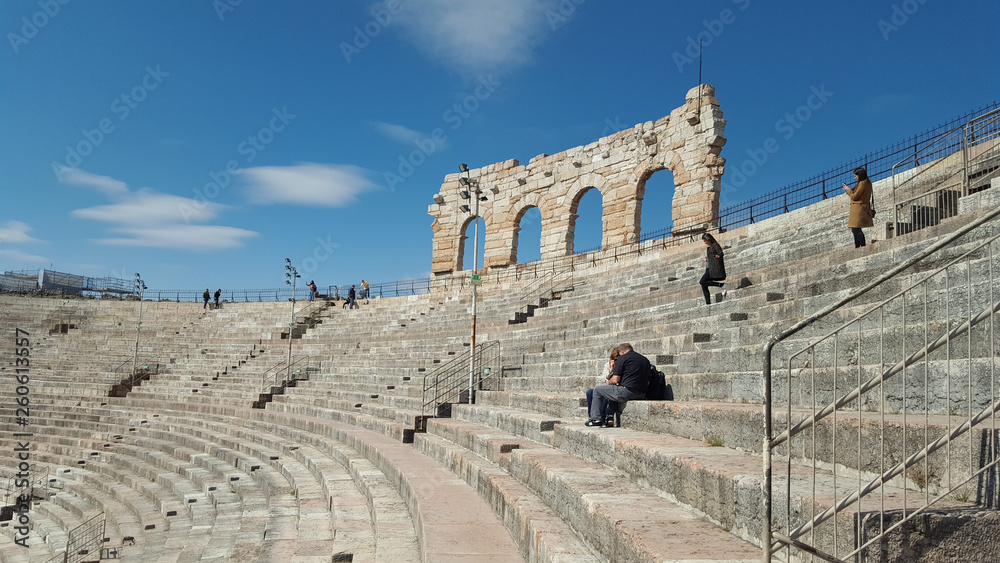 Colliseum in Verona city, Italy,Roman amphitheatre Arena di Verona and Piazza Bra ,march,2019