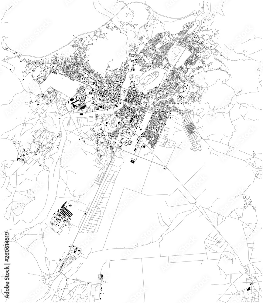 Satellite map of Podgorica, the capital and largest city of Montenegro. City streets of the town center