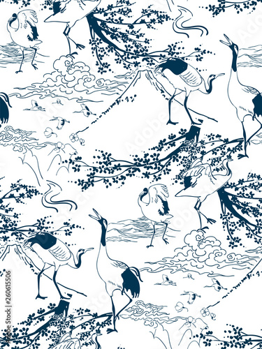 cranes japanese pines vector pattern traditional oriental
