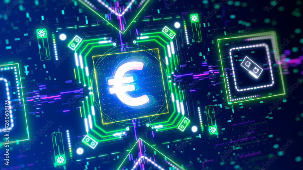 Euro currency symbol animation on digital background. Finance and business.