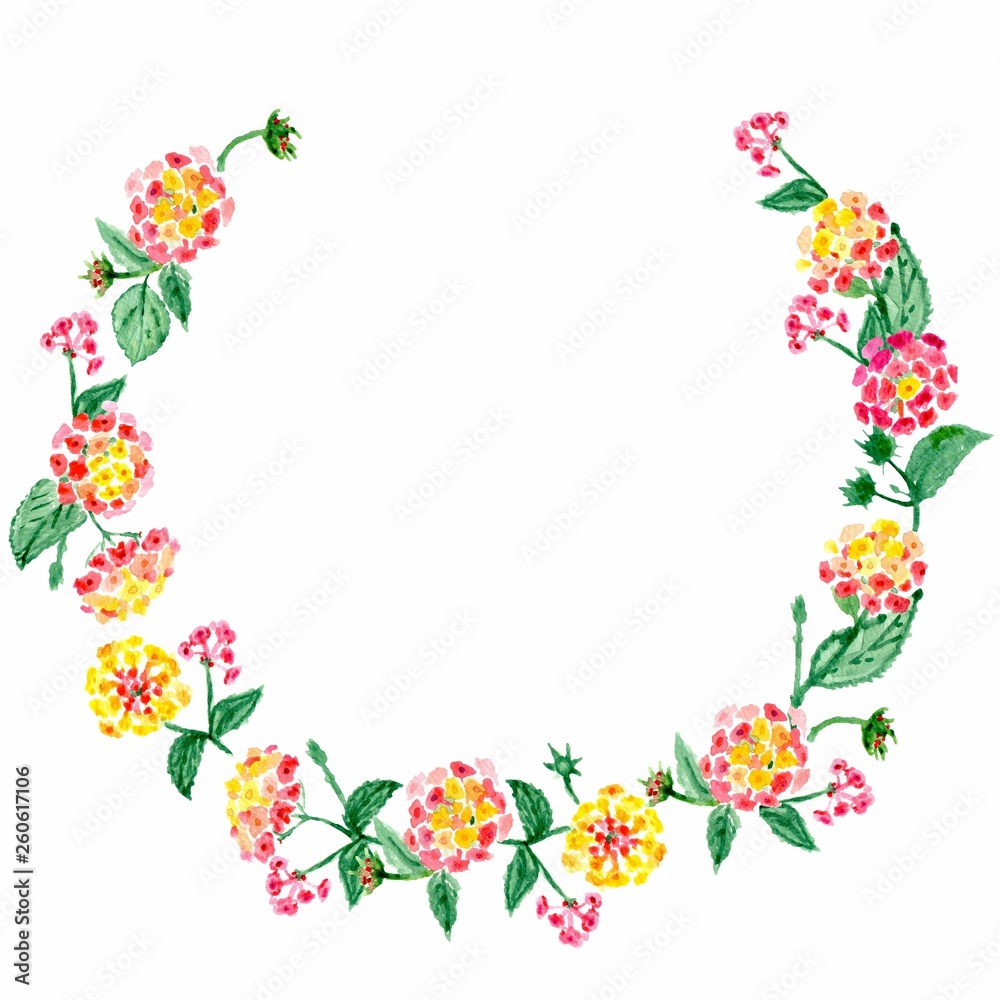 Watercolor colorful round frame from spring pink, yellow and red flowers on a white background. Illustration.