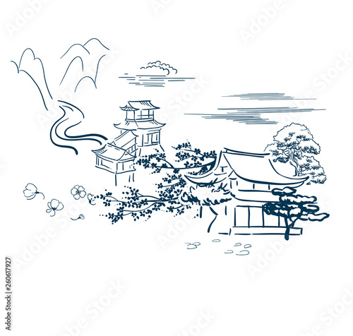 japanese motive symbols vector sketch card temple traditional