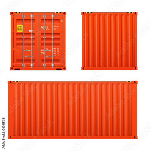 Realistic bright red cargo container set. The concept of transportation. Closed container. Front, back and sid