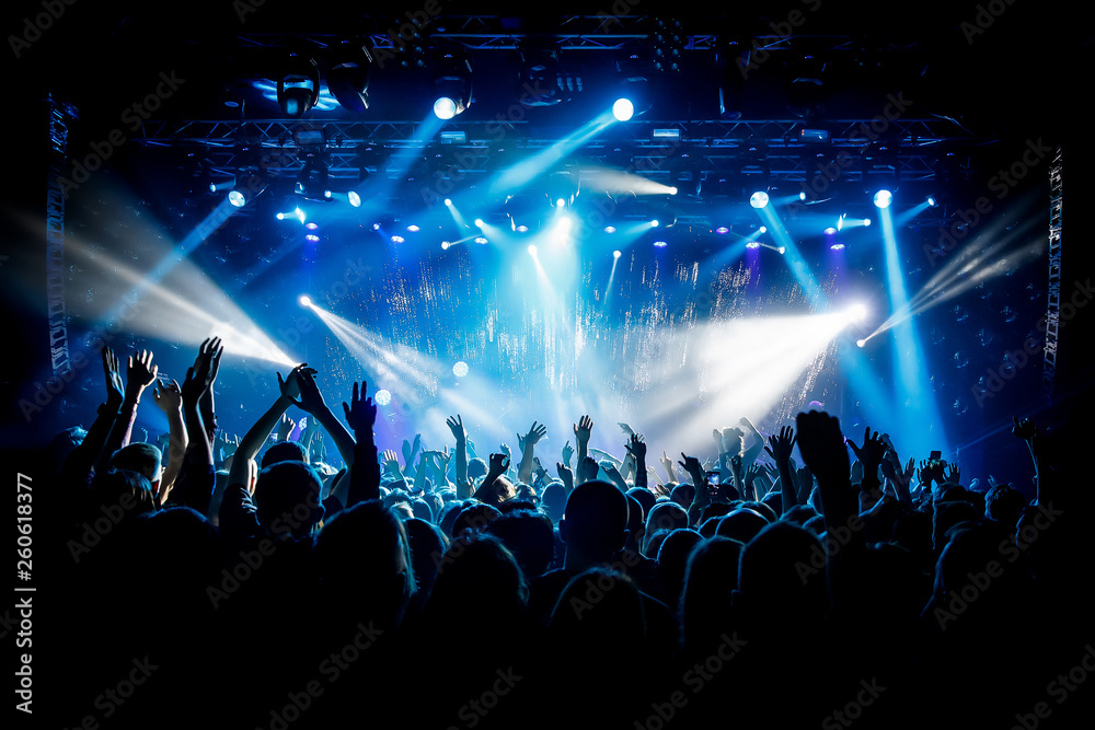 Fototapeta premium A lot of hands, crowd on concert, blue light.
