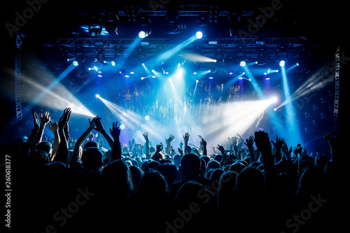 Obraz na plátně A lot of hands, crowd on concert, blue light.