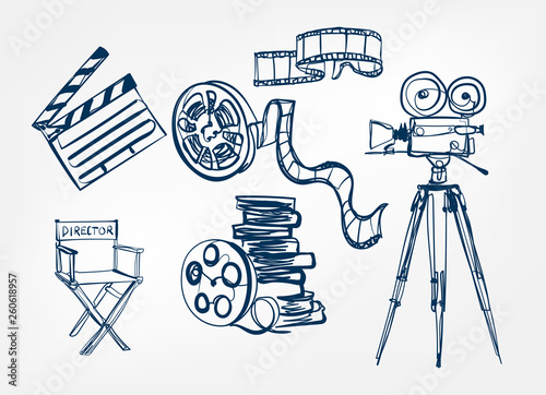 camera director chair roll film set vector sketch illustration
