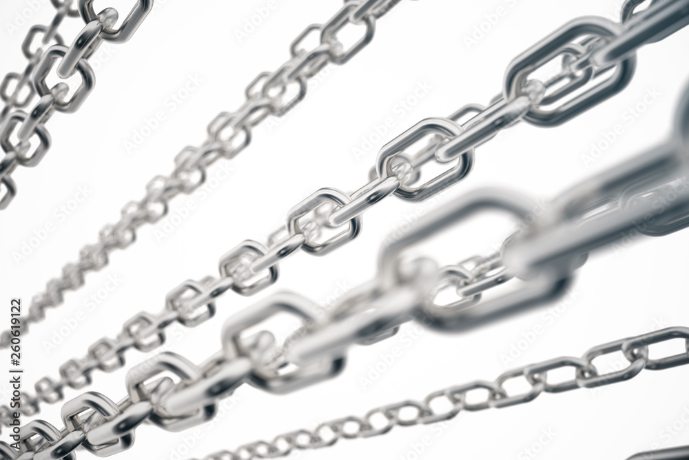Fototapeta premium 3D illustration metal chains. Metal, steel chains isolated on white background. Metal chains for industrial. Very durable metal chains, the concept of success. Strong link concept