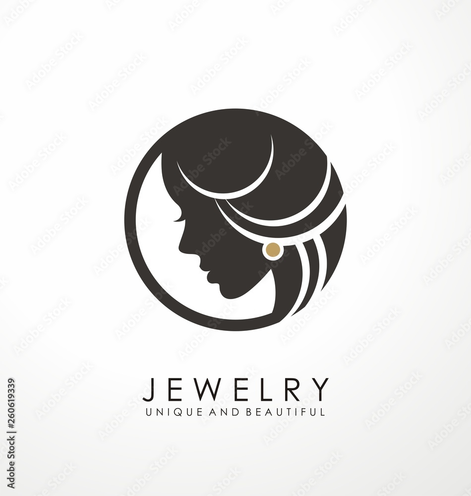 Vecteur Stock Jewelry logo symbol design with beautiful woman portrait and golden earring. Unique icon layout for beauty and fashion business. Vector illustration. Adobe Stock