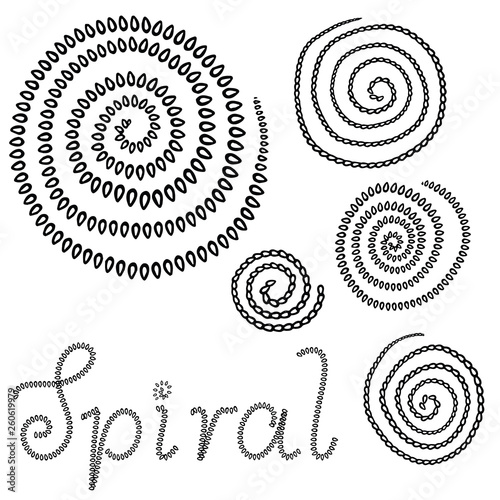 Vector grunge organic ink textured spiral set. Abstract design elements set. Swirl motion brush stroke. Overlay artistic shape illustration. Grungy aged distressed moving curve. Stich loop circle.
