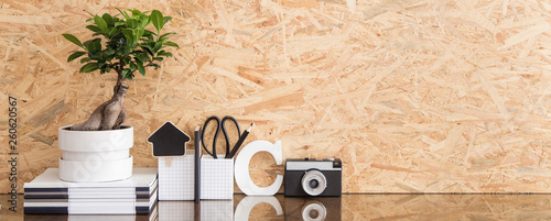 Desk with camera, bonsai tree and magazines on wooden glossy desk with wooden wall for copy space. Panoramic, banner style photo. photo