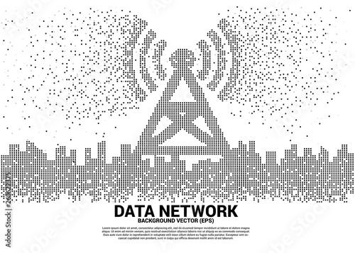 Vector antenna tower icon in the city pixel transform style. Concept for data transfer of mobile and wi-fi data network.