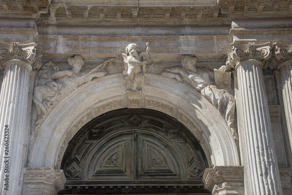 facade of Santa Maria del Giglio church (Santa Maria Zobenigo) in Venice, Italy,march,2019,sculptures at the entrance