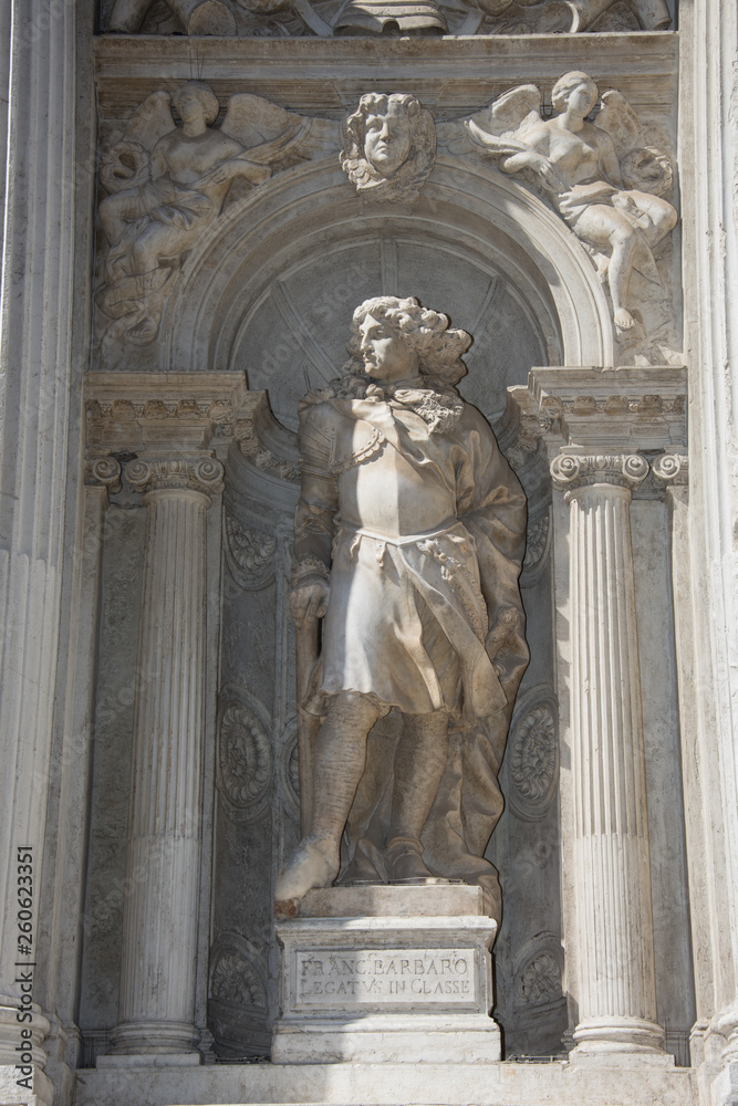 facade of Santa Maria del Giglio church (Santa Maria Zobenigo) in Venice, Italy,march,2019,Statue of Francesco Barbaro