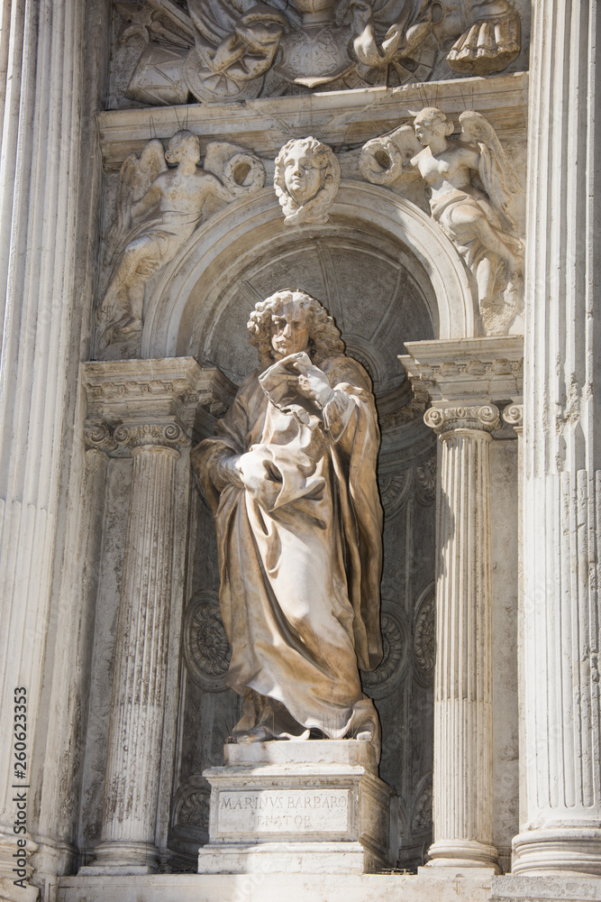facade of Santa Maria del Giglio church (Santa Maria Zobenigo) in Venice, Italy,march,2019,Statue of Marinus Barbaro