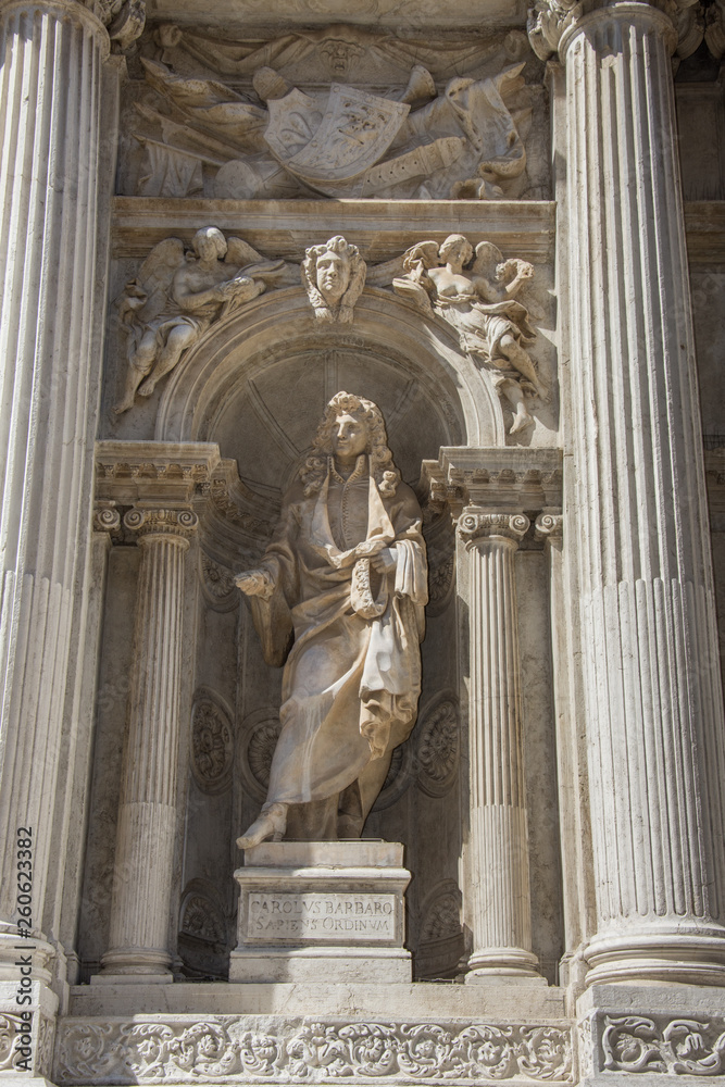 facade of Santa Maria del Giglio church (Santa Maria Zobenigo) in Venice, Italy,march,2019,Statue of Carolus Barbaro.