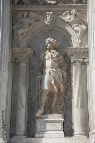facade of Santa Maria del Giglio church (Santa Maria Zobenigo) in Venice, Italy,march,2019,Statue of Francesco Barbaro